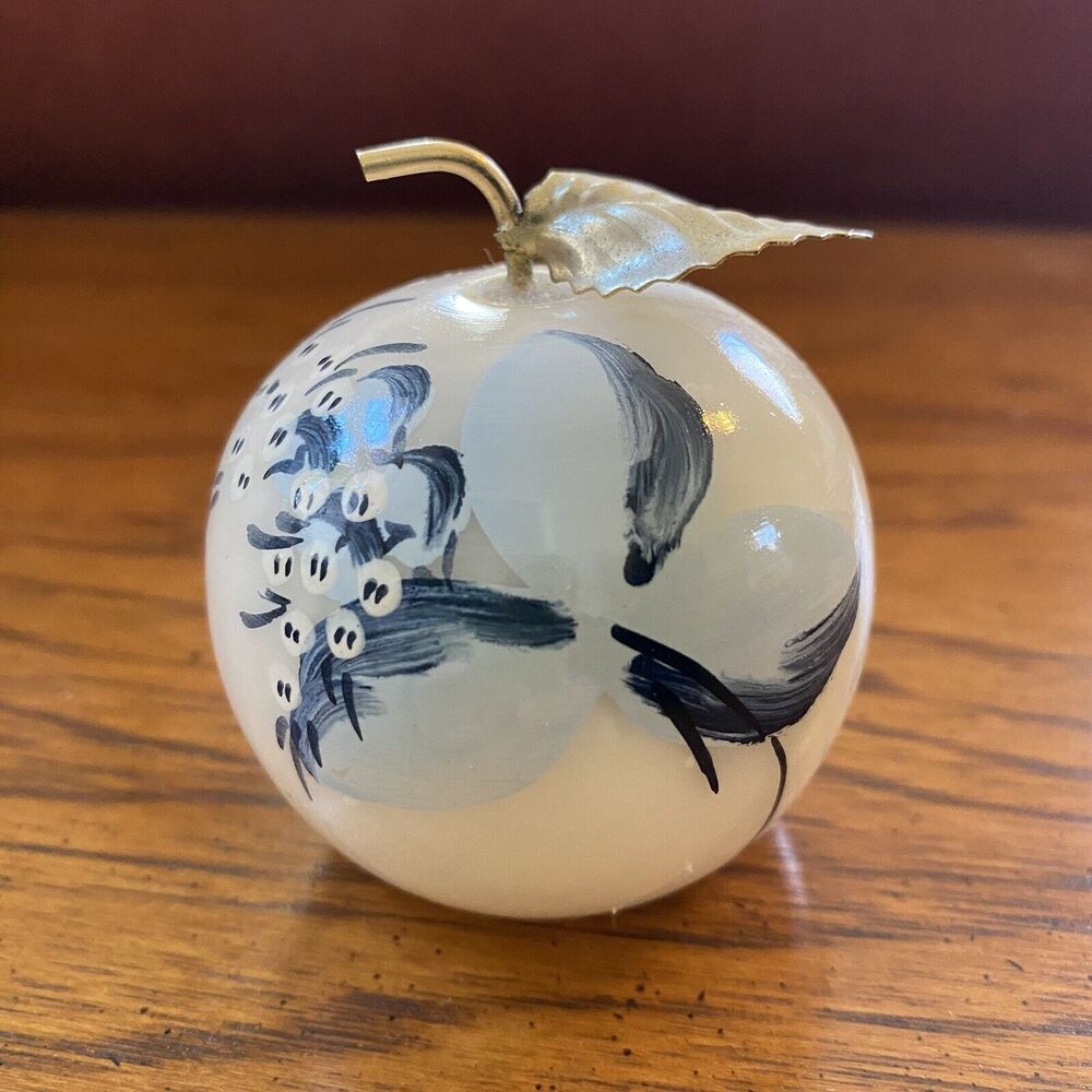 Vintage RB Genuine Alabaster Italy Handpainted Blue Floral Apple Paperweight - Picture 5 of 6